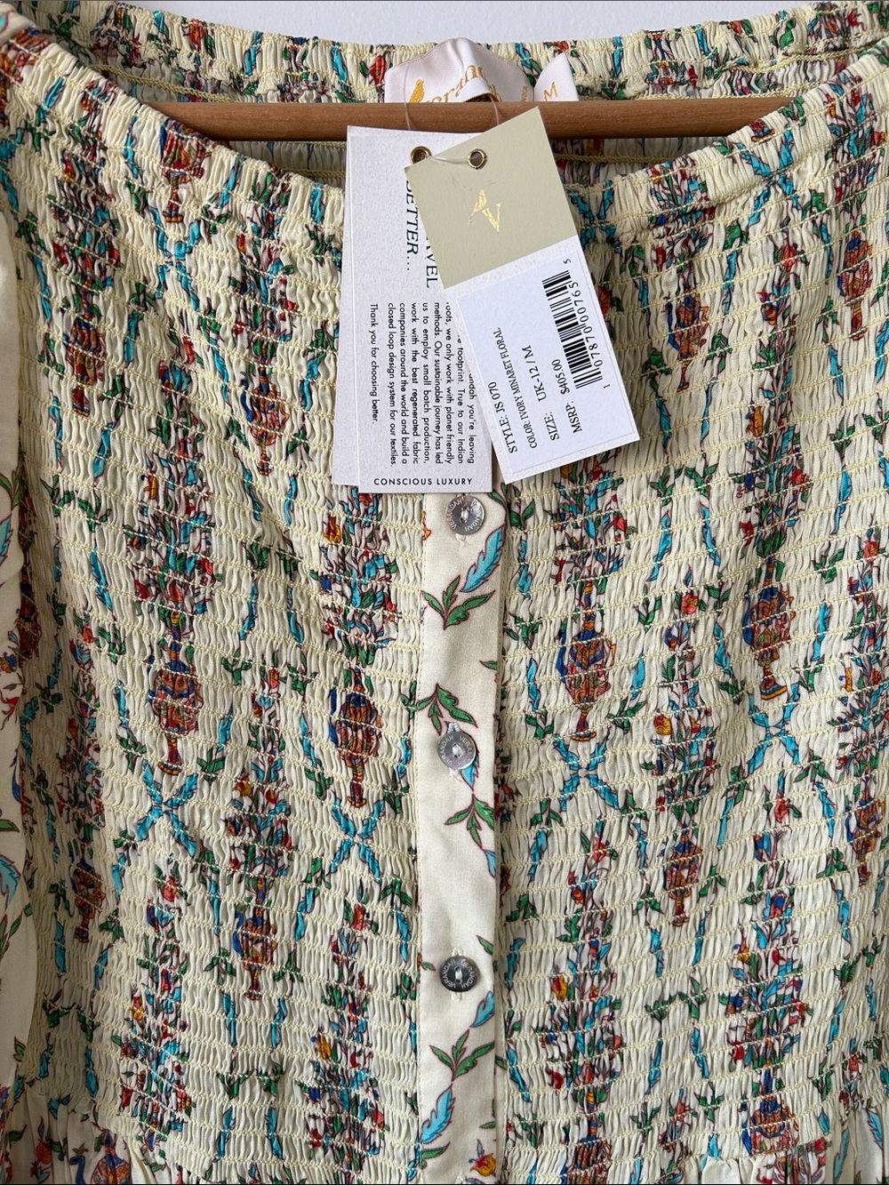 NWT $405 Verandah Butter Yellow Floral Maxi Dress Smocked Bodice M - Picture 4 of 8